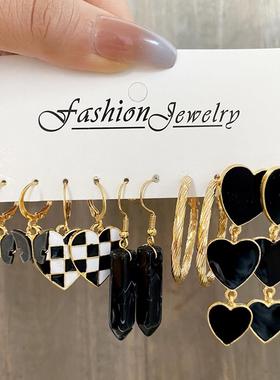 Earring set 5 pieces黑色桃心耳环C型棋盘格耳环套装组合5件套