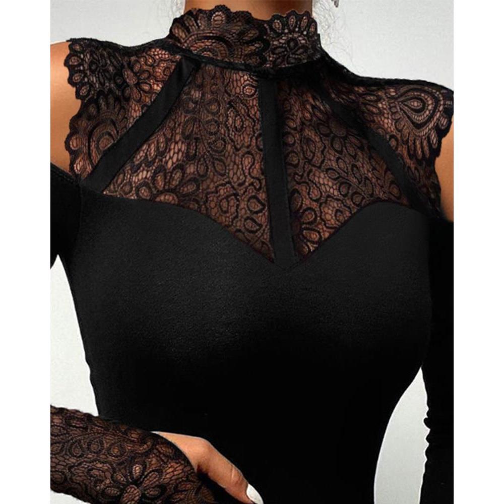 蕾丝拼接紧身连体衣 Contrast Lace Cold Shoulder Bodysuit