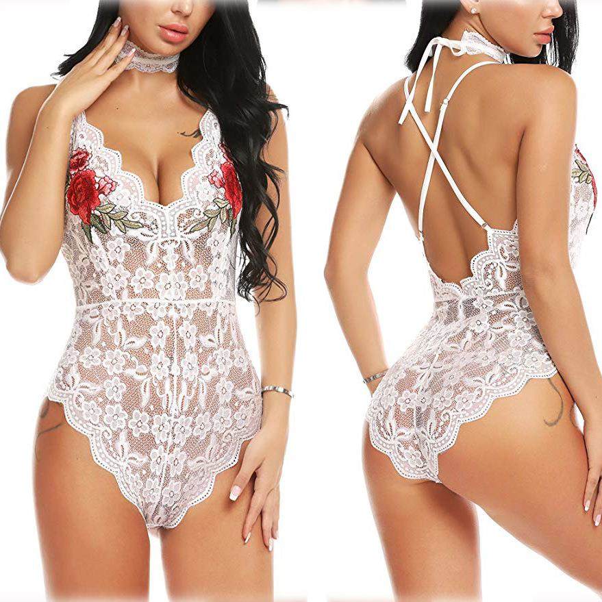 Plus Size Lace Pajamas Sexy Print Sling Lingerie Bodysuit