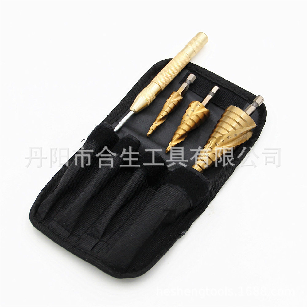 跨境4件套布袋装中心冲螺旋槽六角阶梯钻头套装 定心打眼钻孔扩孔