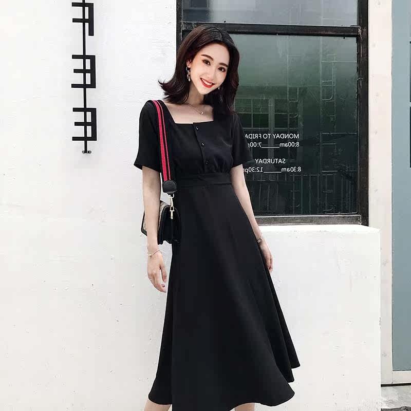 Hepburn Little black dress Women's wear 2019 Net Red Long new pattern skirt Retro Self cultivation temperament Paige square neck Dressin the Women's clothing/Boutique , Large size women  category - from Buy2taobao.com to provide professional Taobao agent buy service