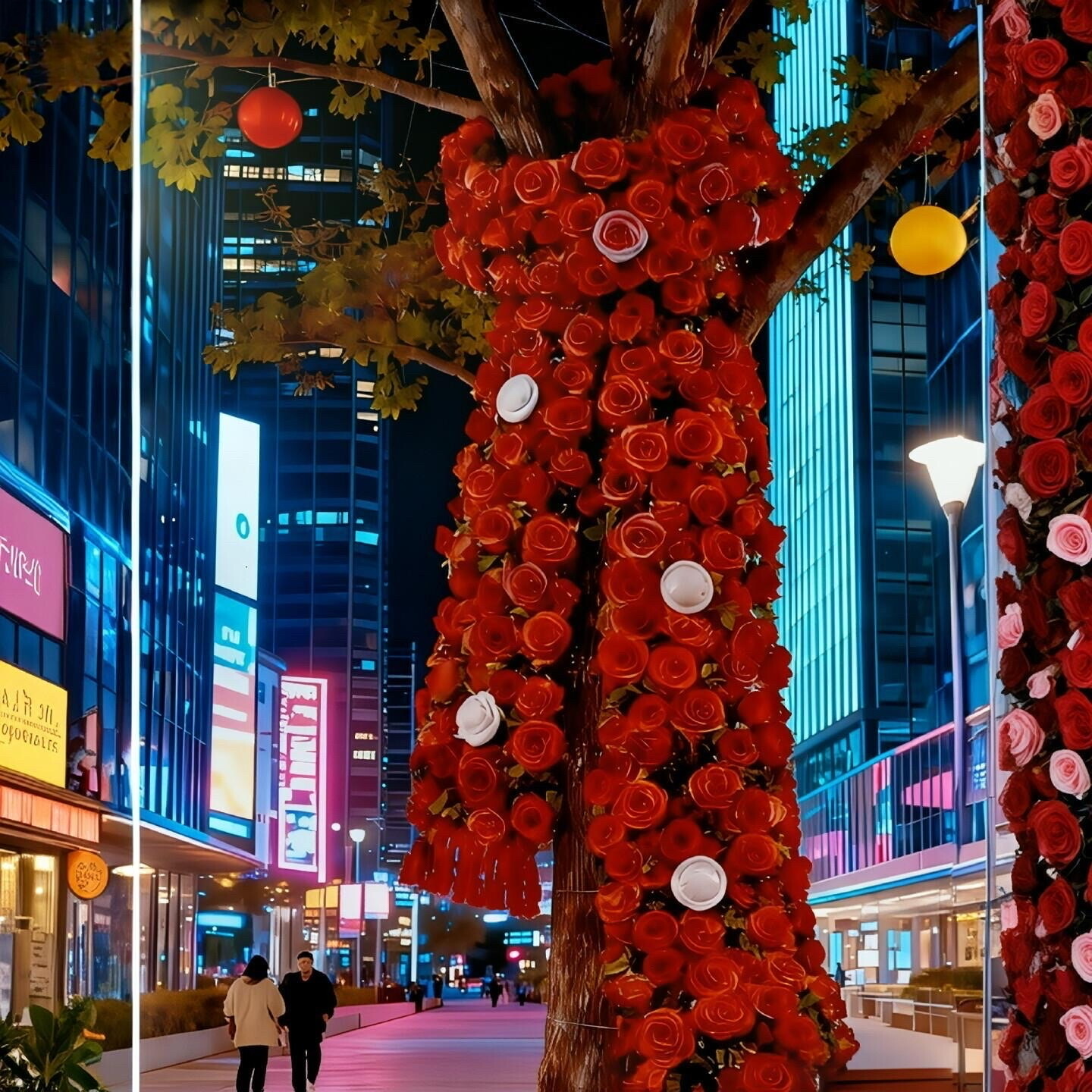 大树围巾玫瑰瀑布墙仿真花布置