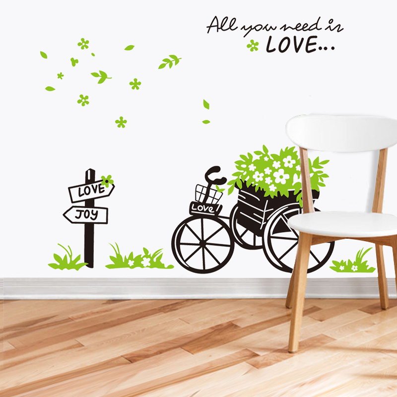 清新田园风贴画创意绿叶自行车墙贴卧室客厅玄关走廊装饰墙壁纸画