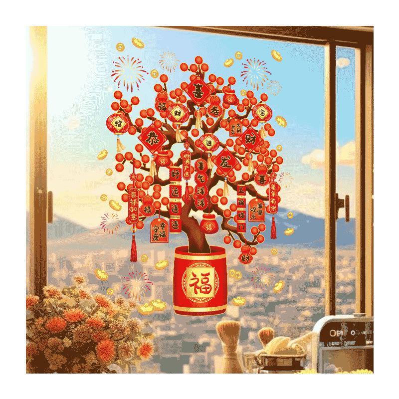 新年静电贴窗花2026新款马年春节装饰福字发财树福袋厨房玻璃贴纸