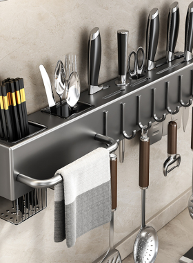 不锈钢刀架壁挂免打孔厨房多功能菜刀置物架刀具筷子筒一体收纳架