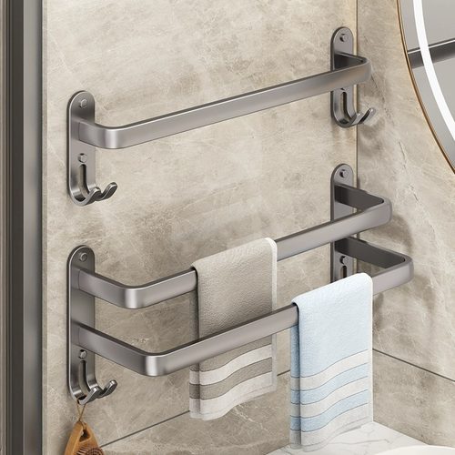 灰色免打孔毛巾架单双三杆