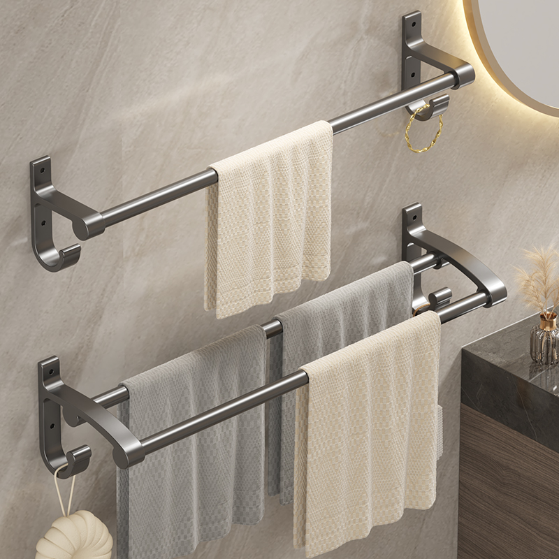 免打孔太空铝毛巾架子卫生间壁挂式置物架浴室毛巾单双杆厕所挂架