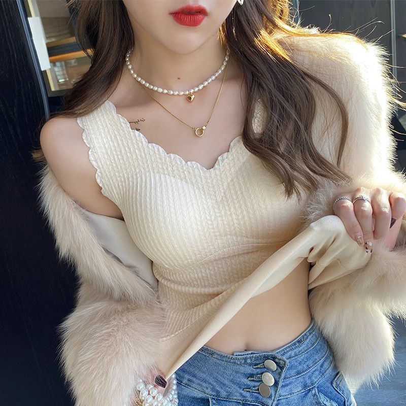 法式蕾丝保暖背心女加绒