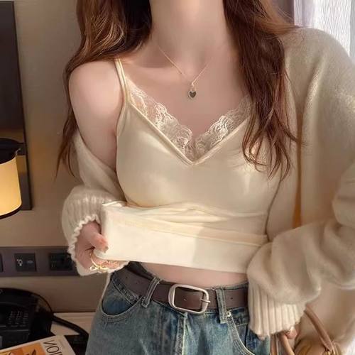 蕾丝v领吊带背心女带胸垫