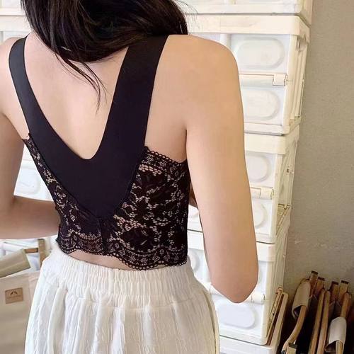 法式性感蕾丝吊带背心女带胸垫