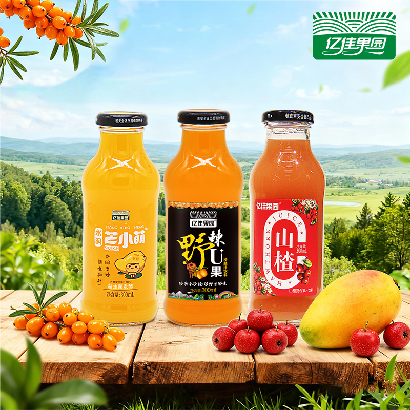 亿佳果园0脂山楂芒果沙棘果汁饮料300ml*8瓶包邮玻璃瓶厂家直销