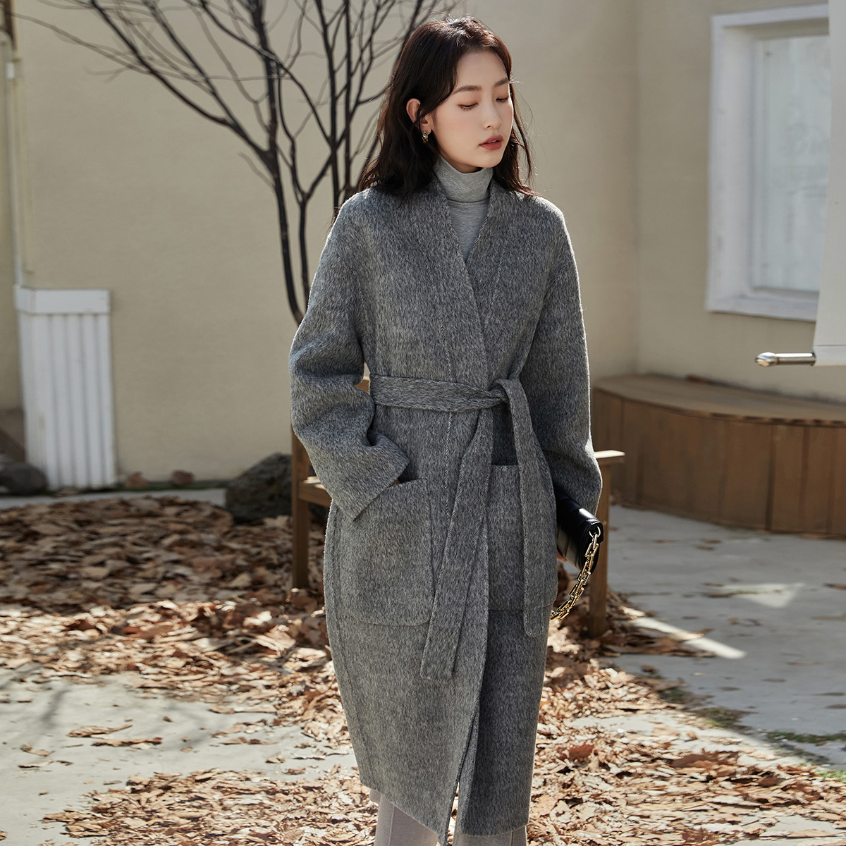 通勤羊毛双面呢中长款羊驼大衣