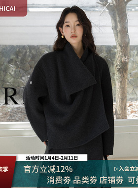 惊艳丨山羊绒气质短款围巾领双面呢羊毛手工大衣女毛呢外套7529