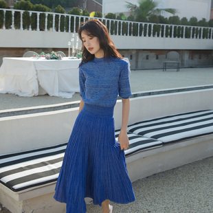 裙针织裙百褶裙秋季 日系名媛温柔风复古气质蓝色百褶裙子休闲套装