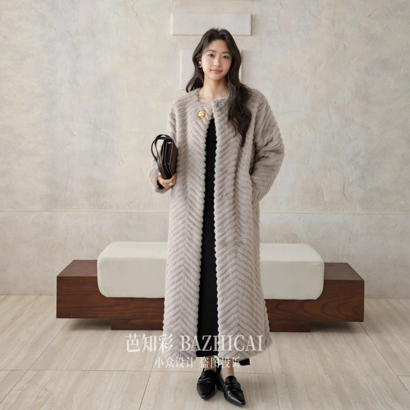 人字纹仿水貂毛毛毛大衣秋冬皮草