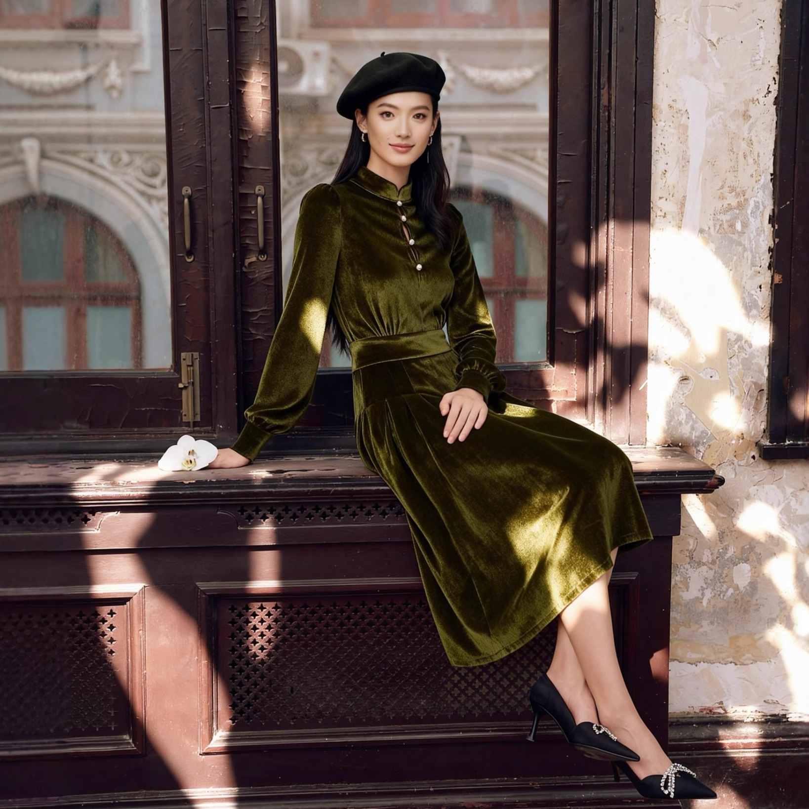 法式复古高腰名媛长款丝绒连衣裙