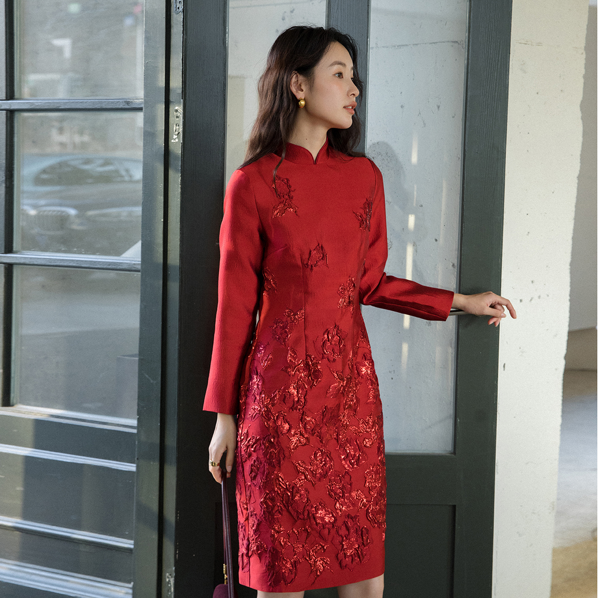 提花轻奢气质旗袍红色礼服连衣裙
