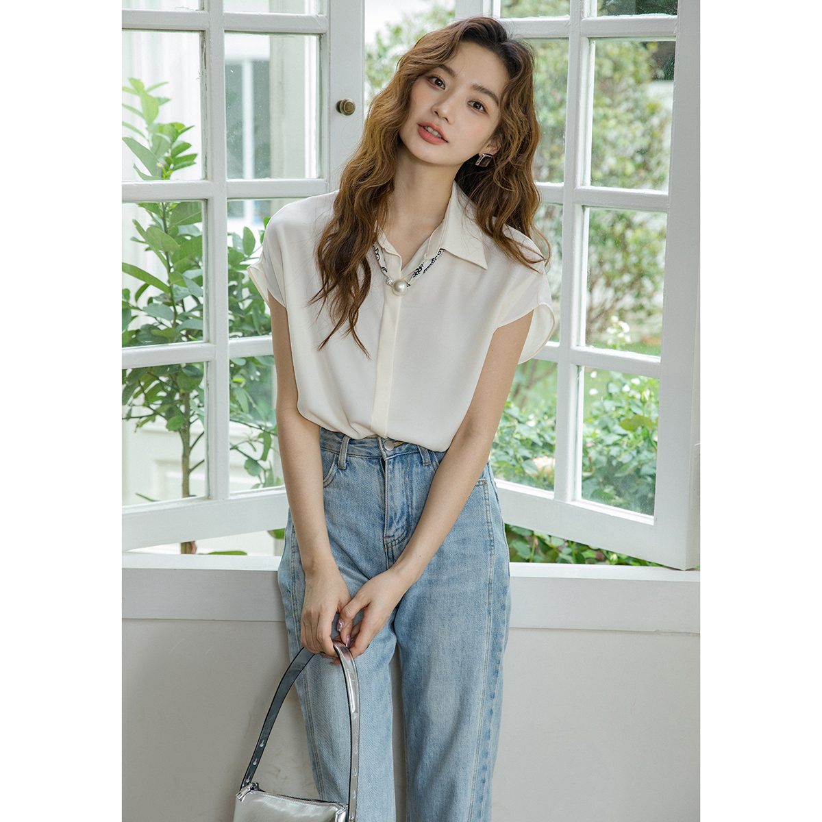 时尚气质优雅百搭纯色缎面衬衫