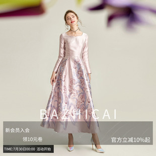 连衣裙 芭知彩秋季 女王法式 气质方领收腰优雅玫瑰提花正装 宴会长款