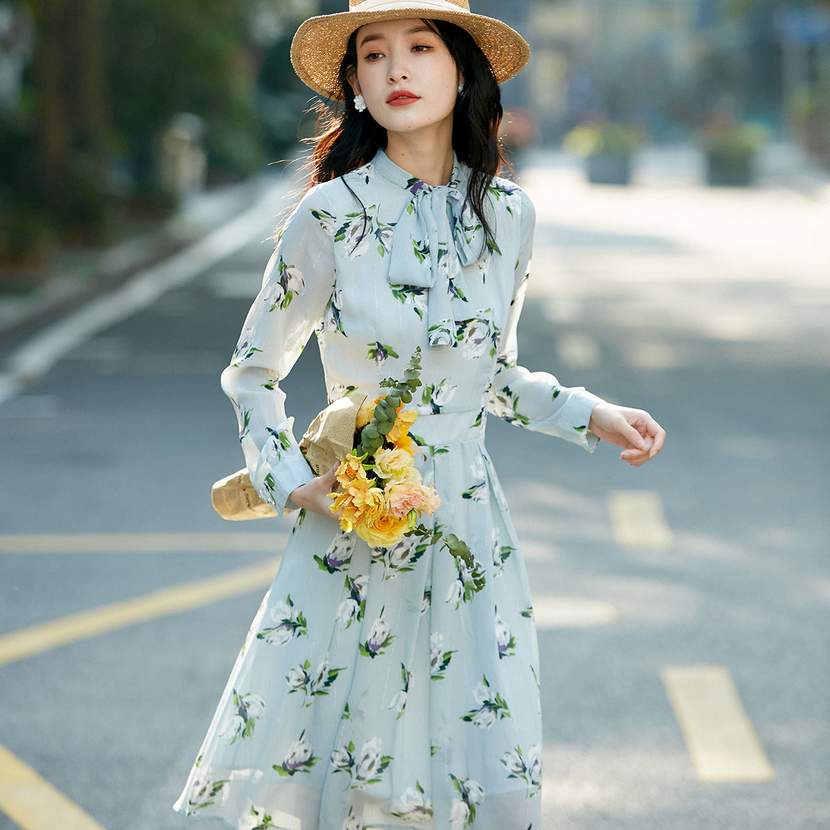 芭知彩通勤印花绿色百搭款连衣裙