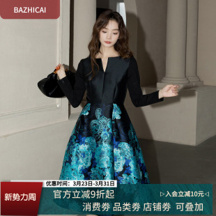 小黑裙 黑色复古显瘦精致提花收腰连衣裙温柔正装 芭知彩冬季 新款