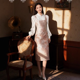 轻松日常礼服 金粉色改良回门订婚拍照旗袍提花连衣裙581 新中式