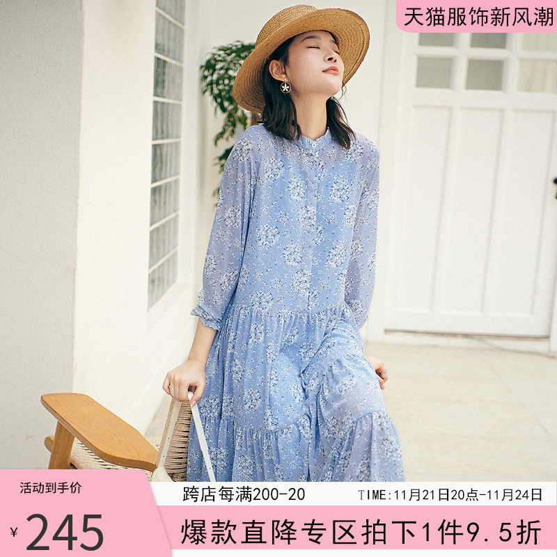 法式复古泡泡袖防晒宽松碎花雪纺连衣裙夏季蓝色温柔风妈妈长裙子