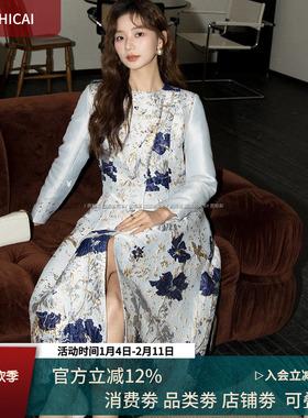 银色新年派对提花法式复古赫本风衣579灰色名媛千金风气质外套女