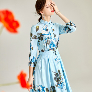 减龄法式中长款超仙显瘦清新蓝色碎花连衣裙知性翻领衬衫裙子