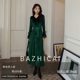 芭知彩新款 连衣裙派对长裙 V领千金风丝绒名媛复古轻奢感长袖 大码