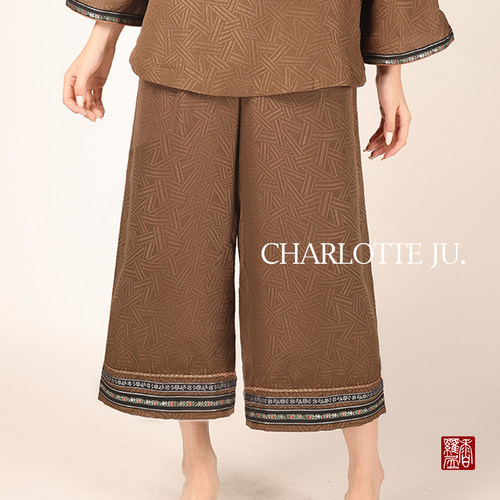 【步莲台】新中式100%桑蚕丝松紧腰宽松女士花边阔腿裤子