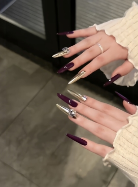 秋冬新款紫色老钱风穿戴甲高级气质御姐显白美甲贴片长款银色爆闪