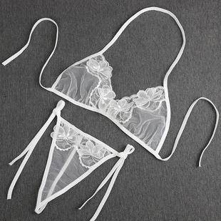 性感内衣丁字裤套装薄款刺绣透视三点式文胸罩情趣睡衣系带透明