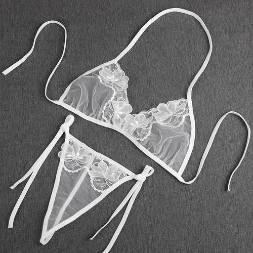 性感内衣丁字裤套装薄款刺绣透视三点式文胸罩情趣睡衣系带透明