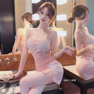 甜美气质纯欲性感辣妹蕾丝拼接包臀棉质高弹紧身打底吊带连衣裙女