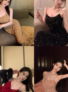 纯欲风性感亮片伪娘cd变装吊带连衣裙修身包臀礼服女装大佬反串服