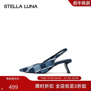 凉鞋 24SS官方新品 DENIM FRAY STELLA 格纹拼接后空高跟鞋 LUNA女鞋