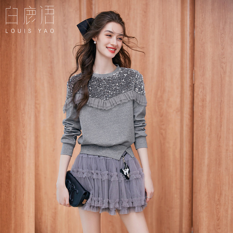 白鹿语拼接亮片花边卫衣女 2026春秋甜美洋气加绒长袖圆领上衣