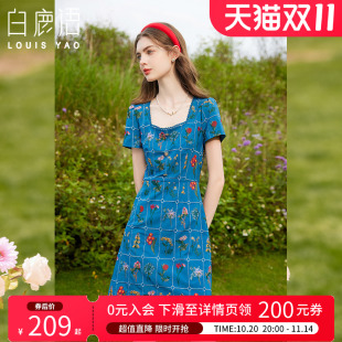 白鹿语复古温柔方领短袖 洋气a字小个子短裙 碎花连衣裙25夏新款