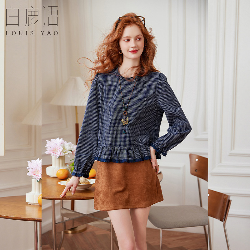 白鹿语韩系复古格纹荷叶边拼接泡泡袖衬衫春秋款设计感小众上衣,女装/女士精品,衬衫,淘宝优惠券,粉丝福利购,淘宝优惠卷