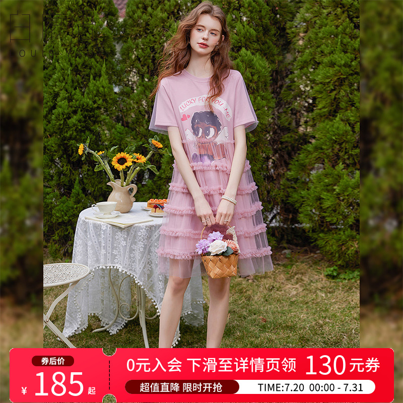 白鹿语假两件网纱拼接T恤裙25夏时尚减龄圆领卡通印花短袖连衣裙