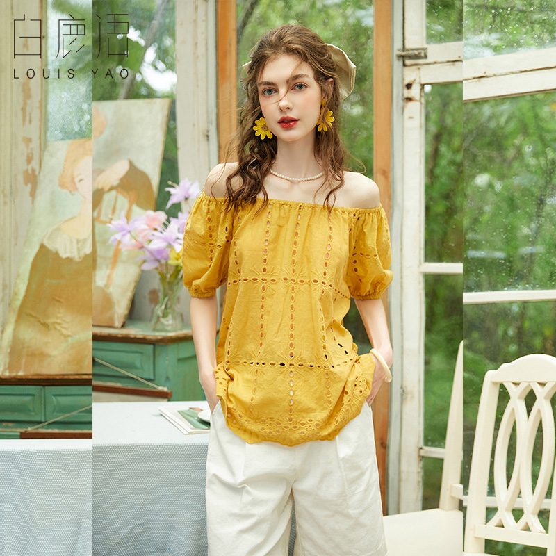 白鹿语法式镂空绣花短袖衬衫