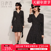 优雅设计感波点裙2025春季 新款 V领系带修身 白鹿语法式 短款 连衣裙