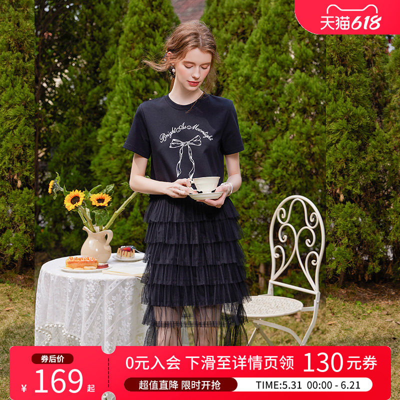 白鹿语网纱拼接蛋糕裙夏甜美减龄字母蝴蝶结印花短袖女连衣裙