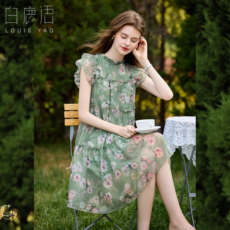 白鹿语法式气质绿色碎花雪纺裙