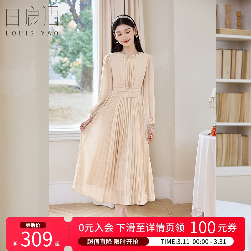 白鹿语法式优雅风百褶连衣裙26春新款通勤纯色修身收腰气质长裙