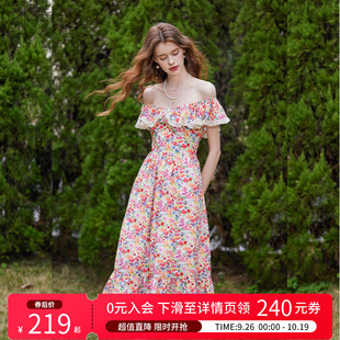 白鹿语度假气质温柔碎花仙女裙25夏新法式 印花荷叶边女连衣裙 修身