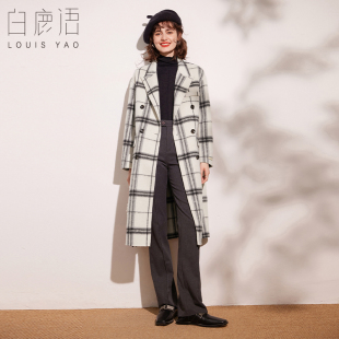 外套女 羊毛混纺双排扣长款 白鹿语翻领格纹双面呢大衣202冬季 新款