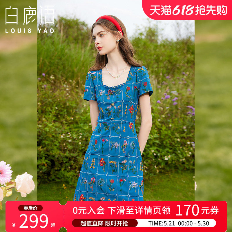 白鹿语复古温柔方领短袖碎花连衣裙夏款洋气a字小个子短裙