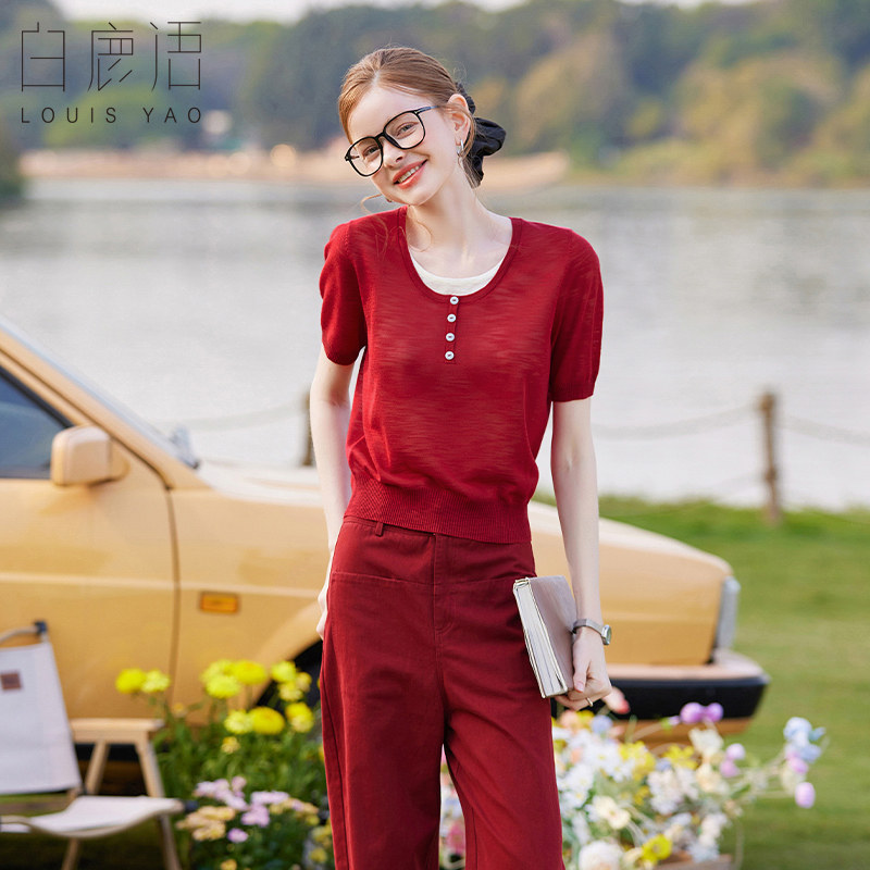 白鹿语设计感假两件撞色短袖